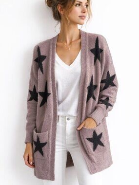 NWT Moon & Madison Anthropologie Star Cardigan Long 2-Pocket "Teddy" Sweater XS